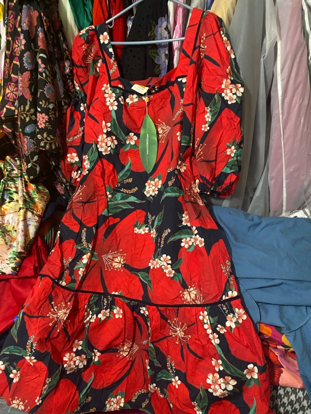 FARM rio Anthropologie Red Floral Puff-Sleeve Midi Dress with Green Leaves